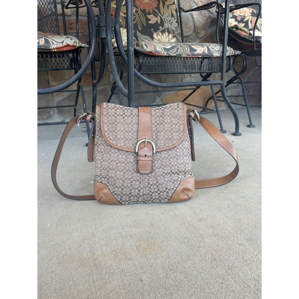 Coach Signature Jacquard Leather Buckle Crossbody Bag Tan Brown Medium